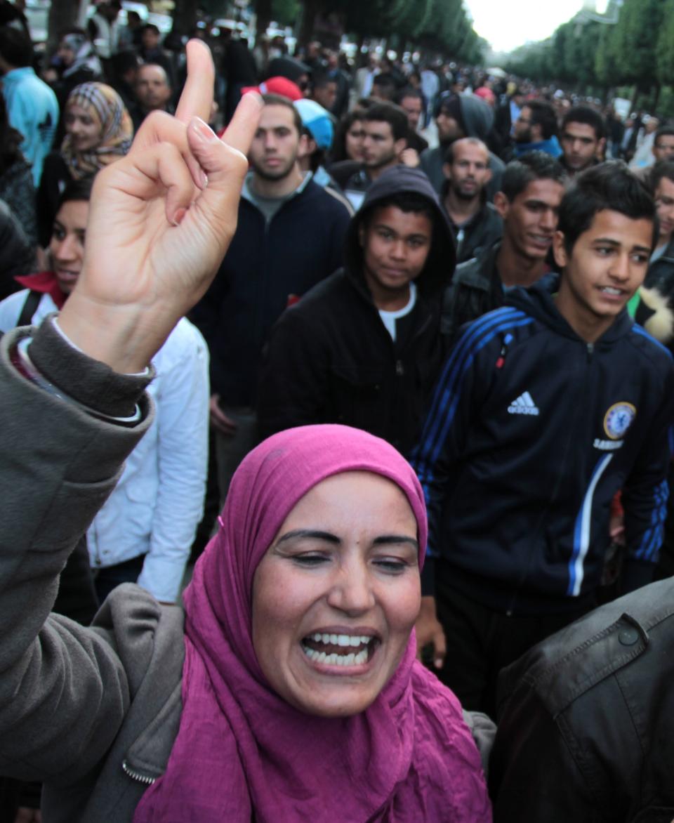 People demonstrate in Tunis , to protest police violence in Tunisian town of Siliana Thursday, Nov. 29, 2012. Tunisia's army intervened Thursday in a third day of violent clashes in a northern town between police and striking residents who are demanding jobs and investment. After two days of battles that a hospital said left more than 300 people injured, police pulled out of Siliana Wednesday night. Witnesses said 15,000 people marched through the town Thursday demanding the governor's resignation. (AP Photo/Amine Landoulsi)