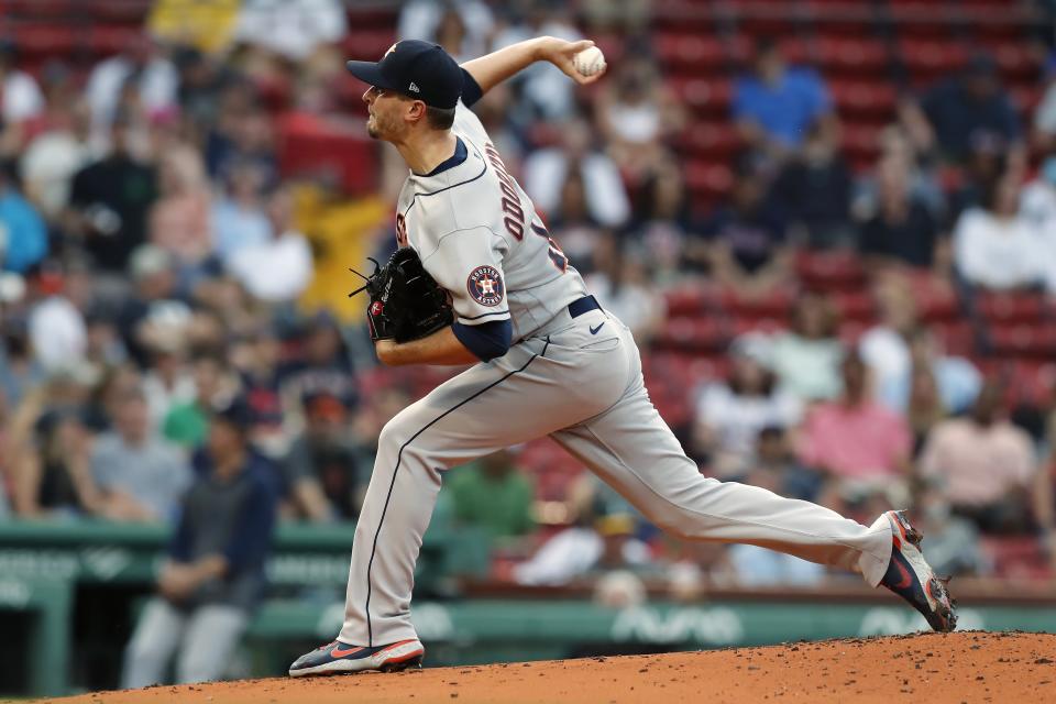 Houston Astros' Jake Odorizzi pitches during the first inning of a baseball game against the Boston Red Sox, Wednesday, June 9, 2021, in Boston. (AP Photo/Michael Dwyer)