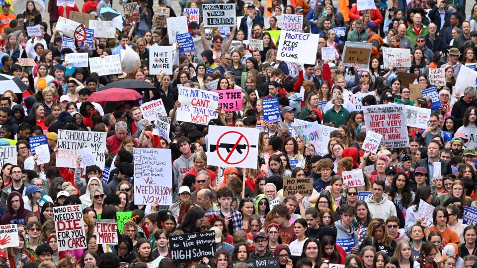 Students protest at the Tennessee Capitol for stricter gun laws on April 3, 2023, after a mass shooting at Covenant School, a private Christian school in the Nashville neighborhood of Green Hills. The shooting, which marked the deadliest mass shooting in state history, left three children and three adults dead, in addition to the shooter.