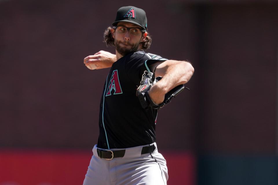 Arizona Diamondbacks pitcher Zac Gallen (23) throws a pitch against the San Francisco Giants during the first inning at Oracle Park in San Francisco on April 20, 2024.