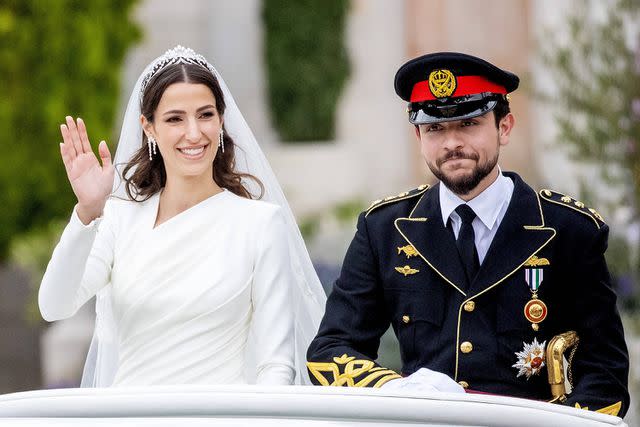 <p>PPE/SIPA/Shutterstock</p> Princess Rajwa and Crown Prince Hussein at their wedding