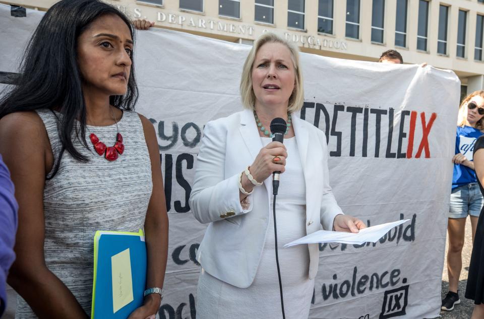Gillibrand speaks at a rally for survivors of sexual assault on July 13, 2017 outside the Department of Education, ahead of a series of meetings that Secretary Betsy DeVos is holding with survivors, advocates for the wrongly accused and college administrators.&nbsp; (Photo: The Washington Post via Getty Images)