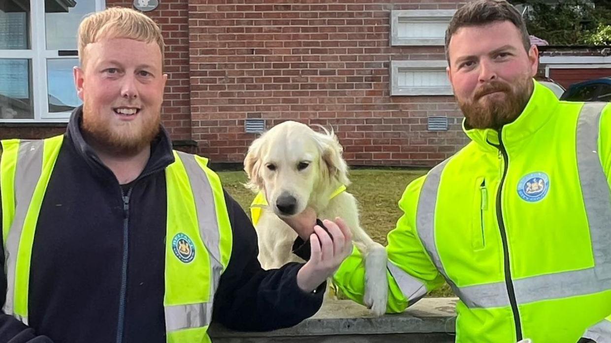 a dog in between two council workers in high vis, posing in front of a house. The men are smiling and both are scratching the dog's chin.