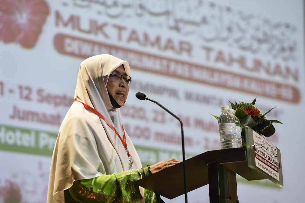 PAS Muslimat (Women) chief Nuridah Mohd Salleh speaks during the annual PAS Muktamar in Kuala Lumpur September 11, 2020. — Picture by Miera Zulyana