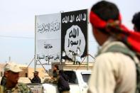 Members of the US-backed Syrian Democratic Forces stand under an Islamic State group banner in the recently recaptured town of Al-Karamah, near the IS bastion of Raqa