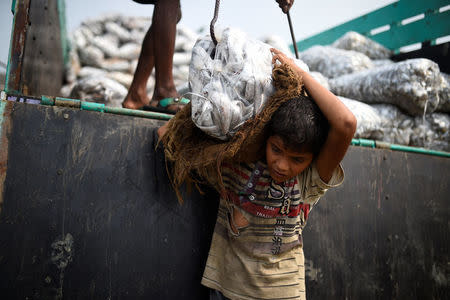 Rohingya refugee Asma Akter, 10, lifts bags of frozen fish from a delivery truck at Nazirartek fish drying yard in Cox's Bazar, Bangladesh, March 23, 2018. REUTERS/Clodagh Kilcoyne