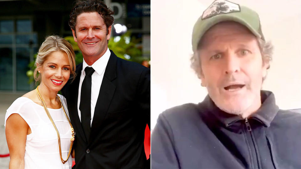 Chris Cairns is seen on the right speaking publicly about his terrifying health scare.