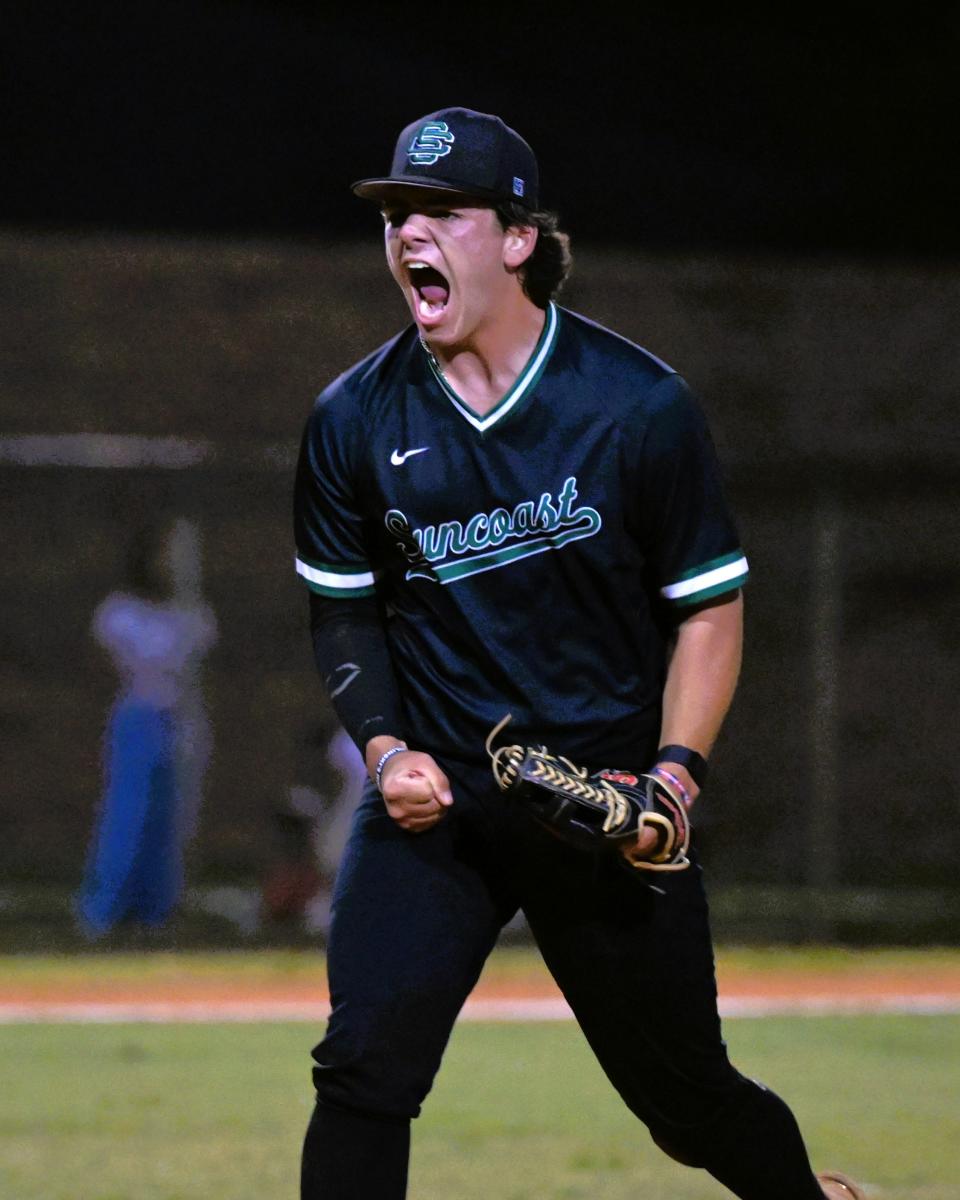 Suncoast pitcher Brady Benevides shows raw emotion after an important strikeout during a regular season game against Boca Raton on Mar. 28, 2024.