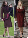 <p>Bordeaux ist momentan total angesagt, dass weiß nicht nur Herzogin Kate, sondern auch Ivanka Trump. Die Duchess von Cambridge trug zum Weihnachtsgottesdienst einen dunkelroten Mantel und passende Accessoires. Auch Ivanka wählte diesen Style für ihren ersten Gottesdienstbesuch als Präsidententochter. Da Herzogin Kate als Fashion-Vorbild diente, geht dieser Punkt an Großbritannien. Bilder: REX / ddp </p>