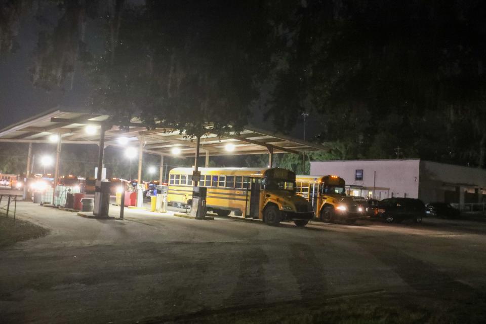 Savannah Chatham County Public School System buses fuel up before leaving for their routes for the first day of the 2023-24 school year on Thursday, August 3, 2023.