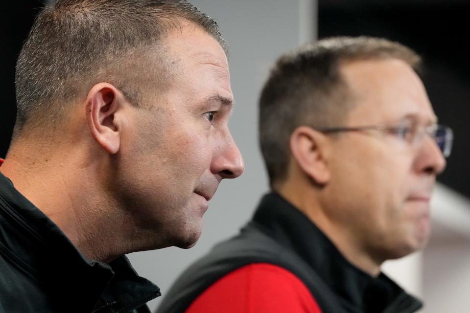 New University of Cincinnati football defensive coordinator Tyson Veidt speaks during a press conference at Fifth Third Arena in Cincinnati on Monday, Jan. 29, 2024. Veidt comes to UC from Iowa State.