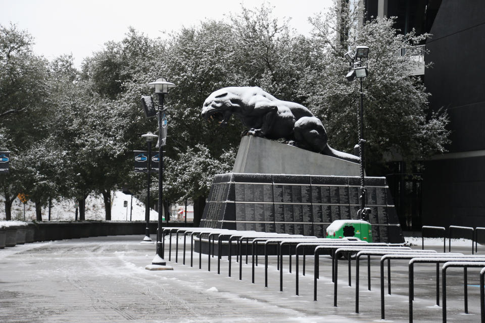 The home stadium of the Carolina Panthers in the snow at Bank of America Stadium on January 22, 2016 in Charlotte, North Carolina. A major snowstorm is forecasted for the East Coast this weekend with some areas expected to receive up to 1-2 feet of snow.