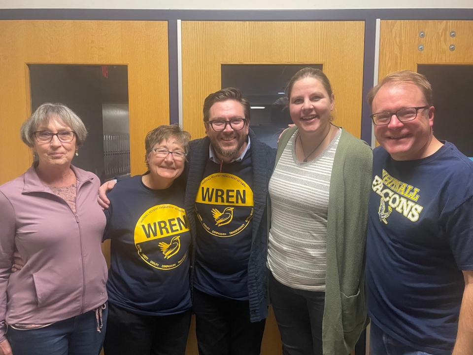Whitnall School District residents Carla Dupont, LuAnn Bird, Christopher Porterfield, Sarah Blonsky and Jason Graham, pictured outside a Whitnall School Board meeting Nov. 13, are part of a community group, the Whitnall Resident Engagement Network (WREN).