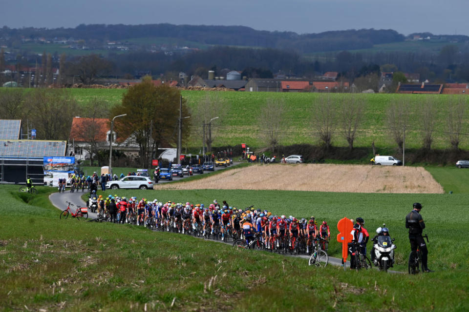 WAREGEM BELGIUM  MARCH 29 A general view of the peloton passing through a landscape during the 77th Dwars Door Vlaanderen 2023  Mens Elite a 1837km one day race from Roeselare to Waregem  DDV23  on March 29 2023 in Waregem Belgium Photo by Tim de WaeleGetty Images