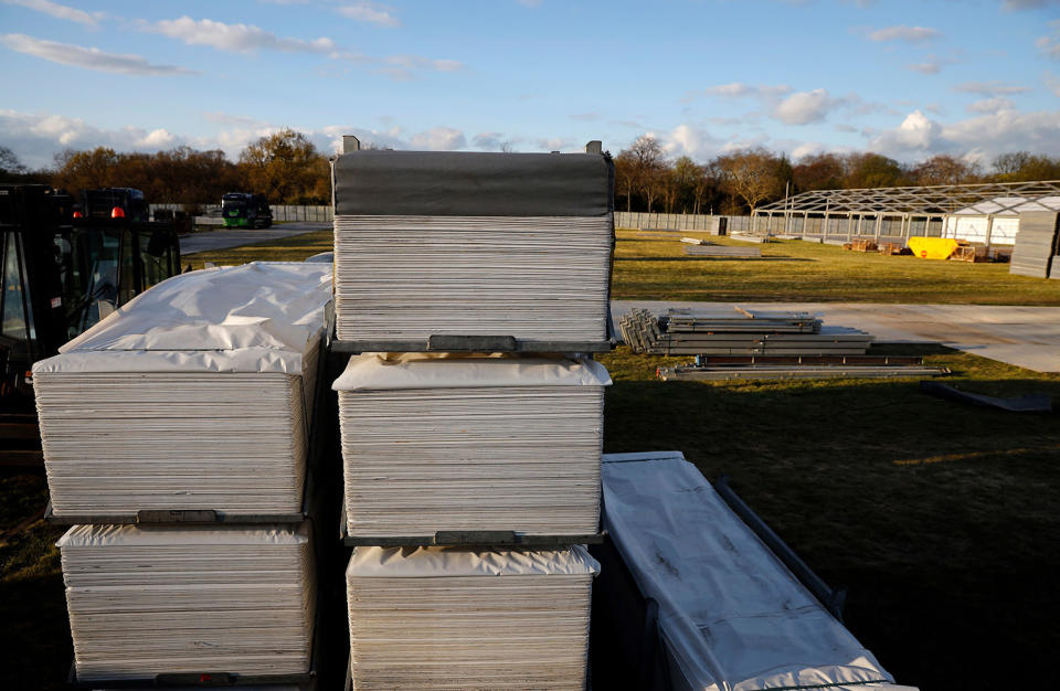 Image: The site of a temporary mortuary during construction in Manor Park, east London on April 2, 2020, as part of Britain's government's plans to deal with the COVID-19 pandemic. (Tolga Akmen / AFP - Getty Images)