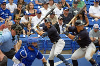 New York Yankees' Aaron Judge watches from the on deck circle as teammate Anthony Volpe bats against the Toronto Blue Jaysduring a spring training baseball game at TD Ballpark in Dunedin, Fla., Saturday, March 18, 2023. (Mark Taylor/The Canadian Press via AP)