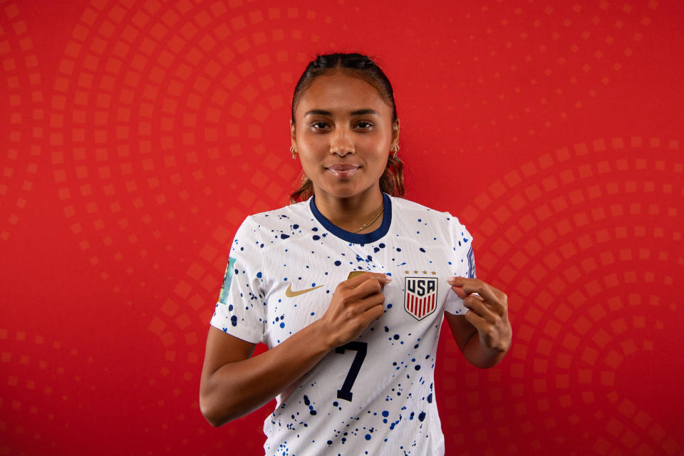 AUCKLAND, NEW ZEALAND - JULY 17: Alyssa Thompson of USA poses for a portrait during the official FIFA Women's World Cup Australia & New Zealand 2023 portrait session at  on July 17, 2023 in Auckland, New Zealand. (Photo by Hannah Peters - FIFA/FIFA via Getty Images)