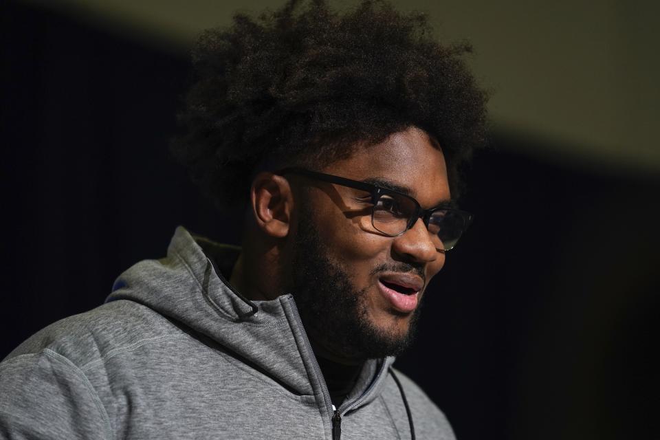 Ohio State offensive lineman Paris Johnson Jr. speaks during a news conference at the NFL football scouting combine, Saturday, March 4, 2023, in Indianapolis. (AP Photo Erin Hooley)