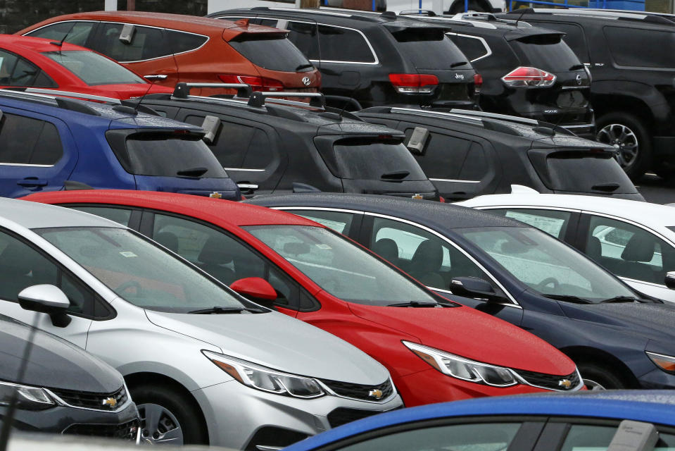 This Thursday, Jan. 12, 2017, photo shows Chevrolet cars on a dealer lot in Pittsburgh. Automakers release vehicle sales for January, on Wednesday, Feb. 1. (AP Photo/Gene J. Puskar)