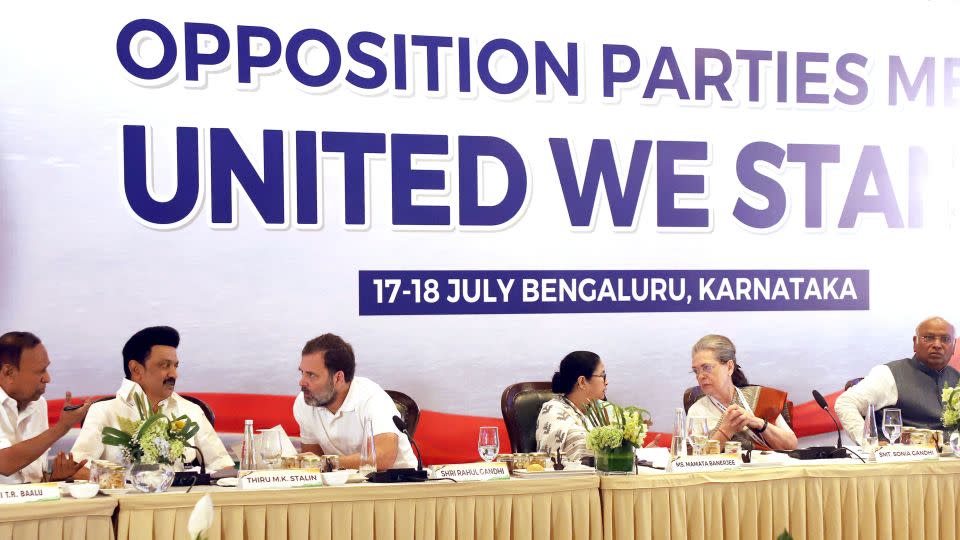 India's opposition leaders announce their alliance in Bengaluru, India, July 18, 2023. - AP