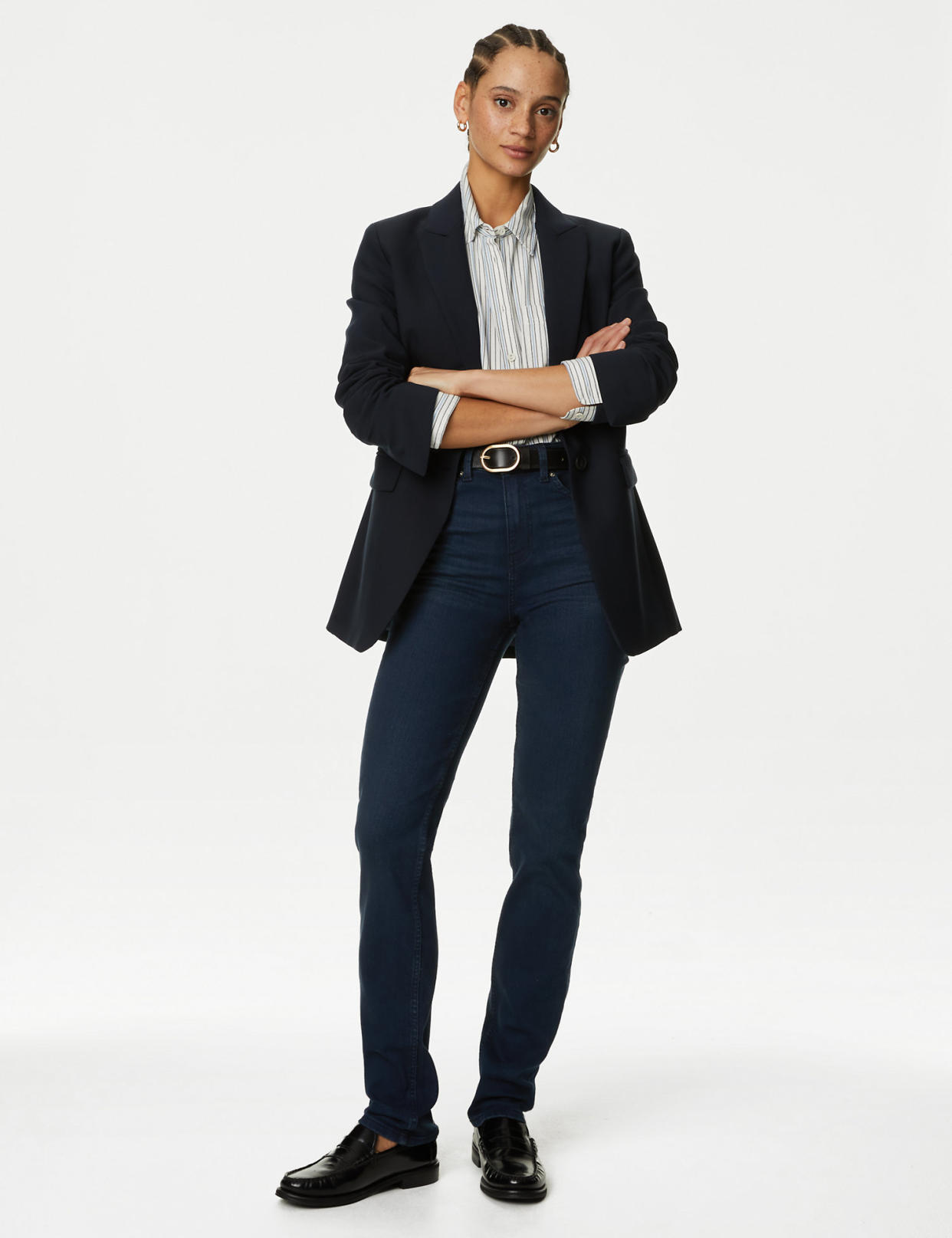 The jeans are easy to dress up with a blazer for the office. (Marks & Spencer) 