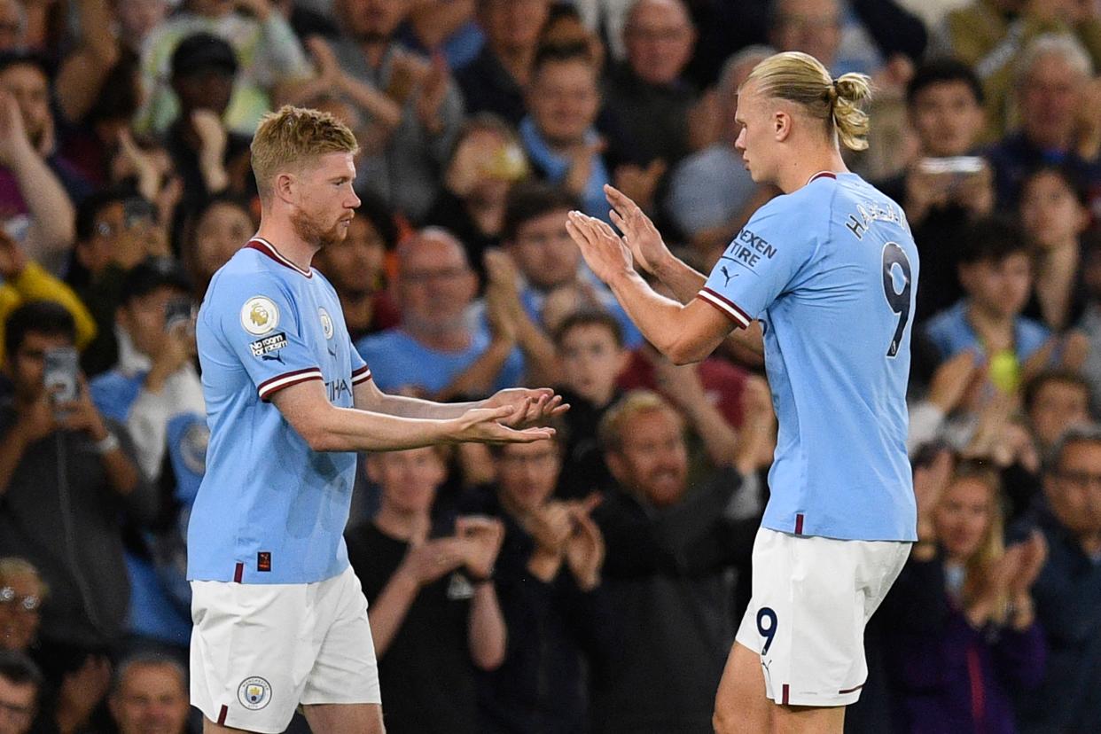 Manchester City striker Erling Haaland (right) comes off for midfielder Kevin de Bruyne during the English Premier League clash against Nottingham Forest