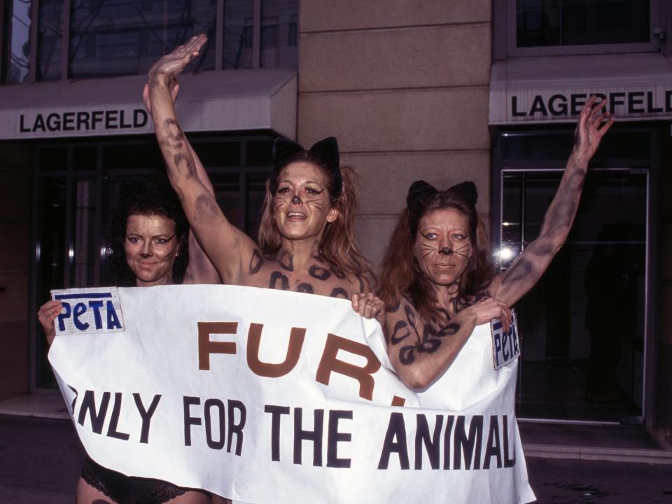 Three women dressed as cats hold anti-fur PETA sign outside Karl Lagerfeld store