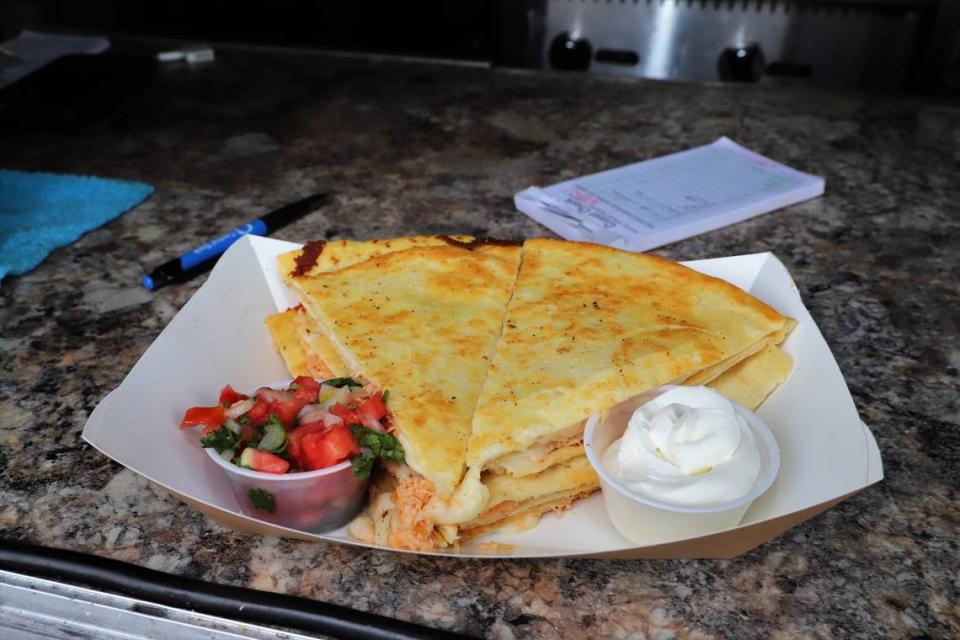 Chicken quesadilla from Kyle’s Food Truck, which is often at The Garage on Leestown.