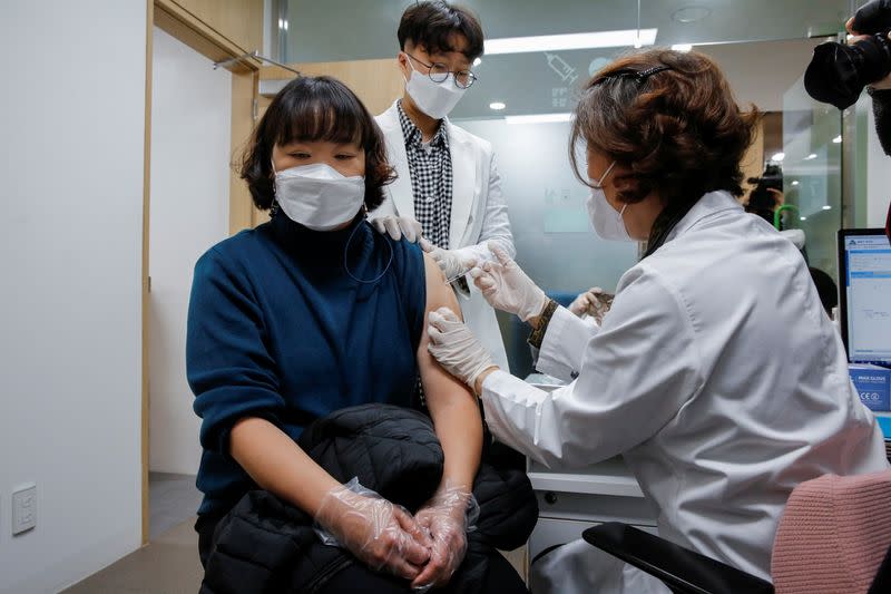 A nursing home worker receives the AstraZeneca COVID-19 vaccine at a health care centre as South Korea starts a vaccination campaign against the coronavirus disease (COVID-19), in Seoul