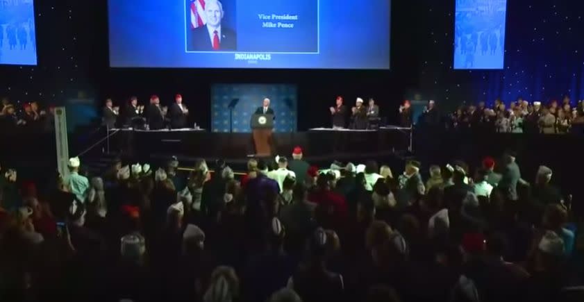 Vice President Mike Pence got a standing ovation at an American Legion convention in Indianapolis after proclaiming, "The Bible stays." (Photo: Fox News / YouTube)