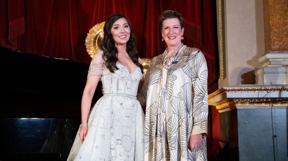 Australian born soprano Amelia Wawrzon (left) and Dame Sarah Connolly (right) attend the launch of Zarqa Al Yamama (Lucy Young)