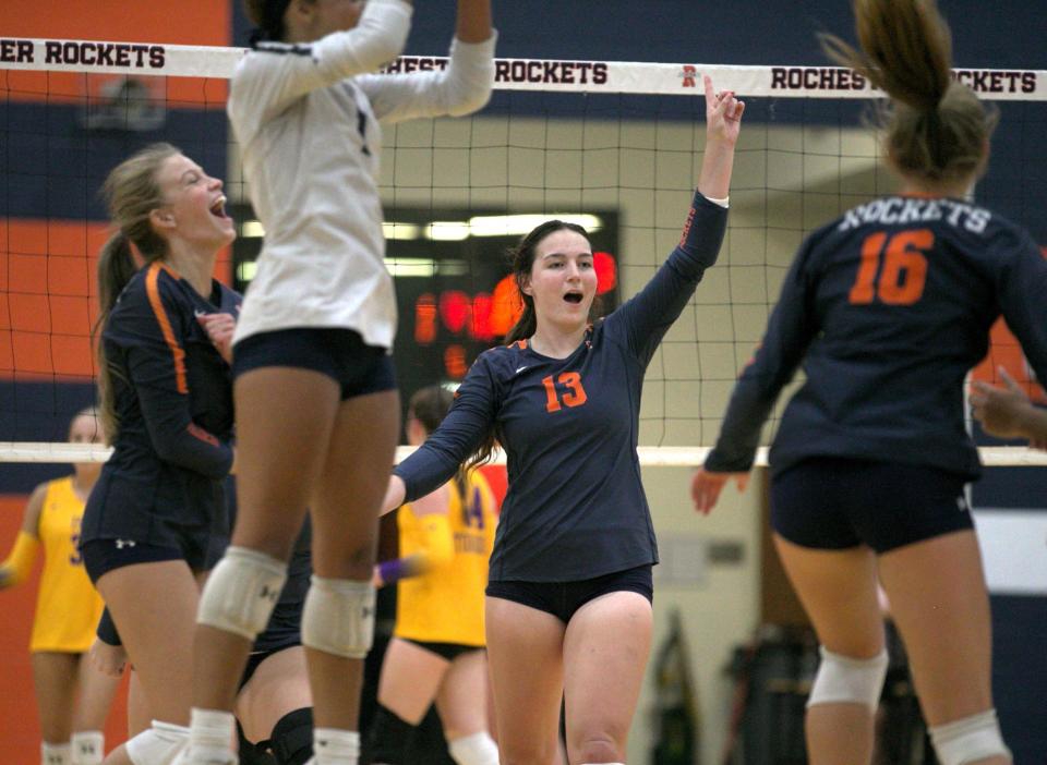 Rochester's Ellie Gegen celebrates the three-set victory over Taylorville during a nonconference volleyball match at the Rochester Athletic Complex on Monday, August 21, 2023. Rochester won 19-25, 25-21, 25-13.