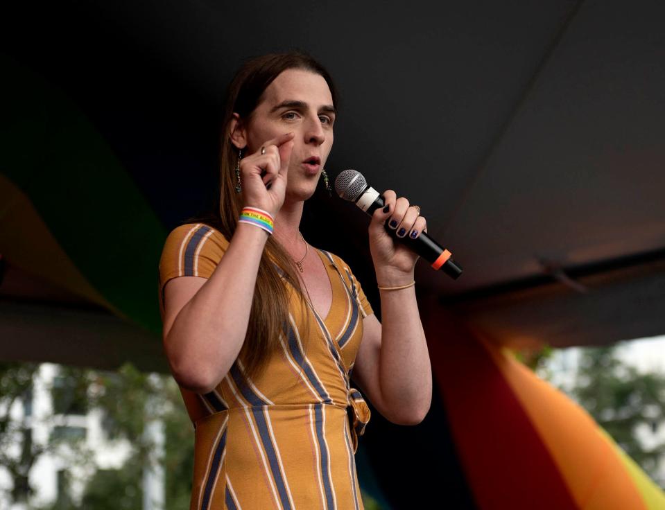 Montana Rep. Zooey Zephyr speaks during the Pride on the Block on Clematis Street event Saturday in West Palm Beach. Zephyr is the first openly transgender person elected to the Montana Legislature.