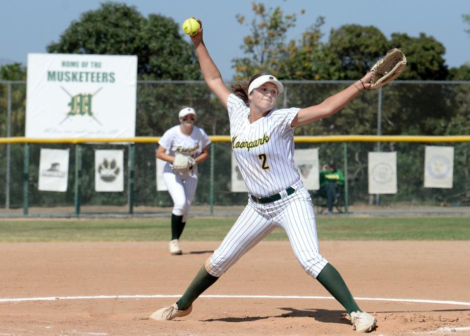 Madison Finnerty gets ready to fire a pitch during her perfect-game performance for Moorpark in its 5-0 win over Northridge-Heritage Christian at Moorpark High in a CIF-Southern Section Division 4 semifinal game on Tuesday, May 17, 2022.