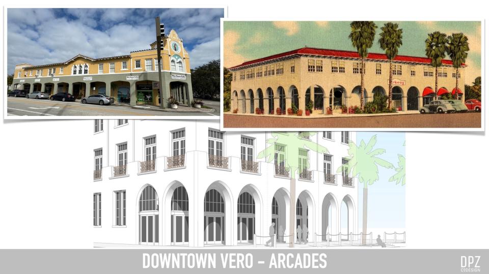 During a master plan presentation Friday, Feb. 9, 2024, Andres Duany of DPZ CoDesign showed this image of historic Vero Beach downtown arcade-type buildings (top) to what could be the future (bottom).