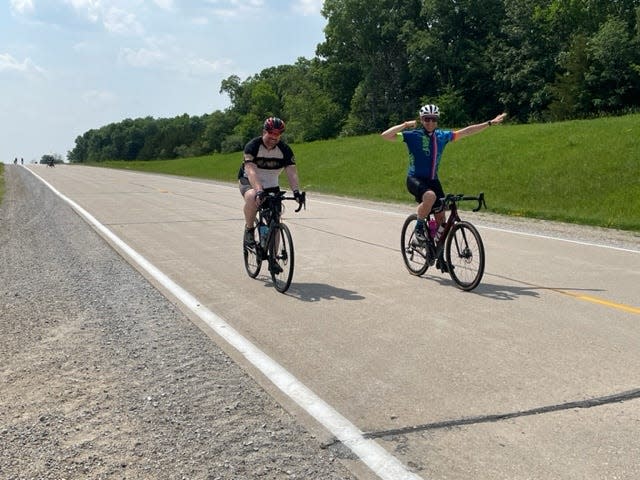 The RAGBRAI pre-ride team climbs up out of the Des Moines River valley and heads toward Luther on June 6, 2023.