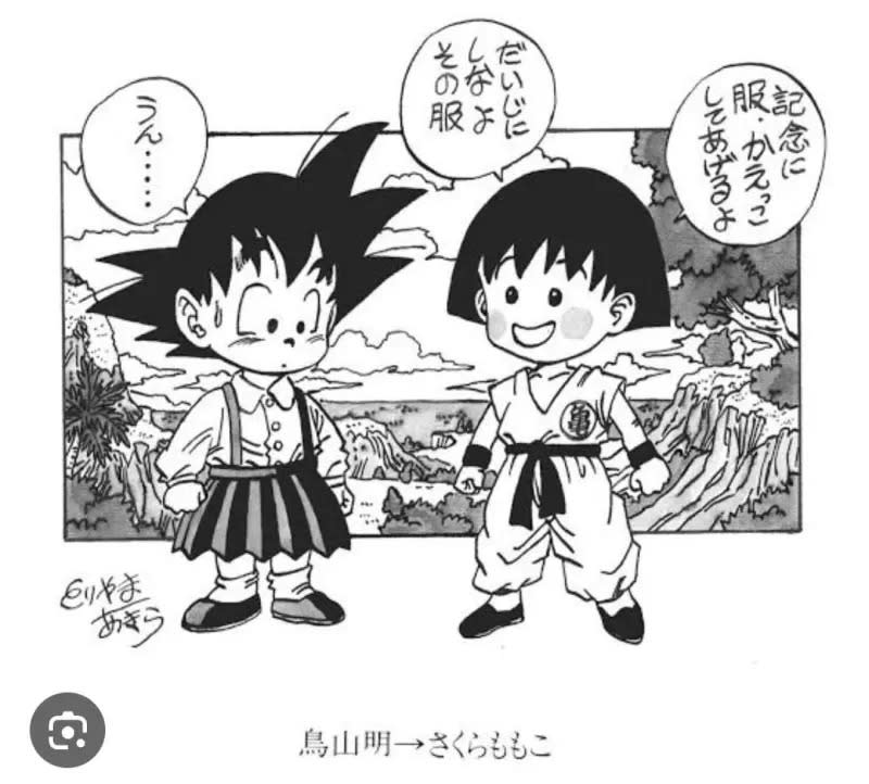 ▲悟空（左）在漫畫中和小丸子相見歡，互動逗趣，該手繪圖收錄在櫻桃子1995年發行的首本作品集。（圖／X）