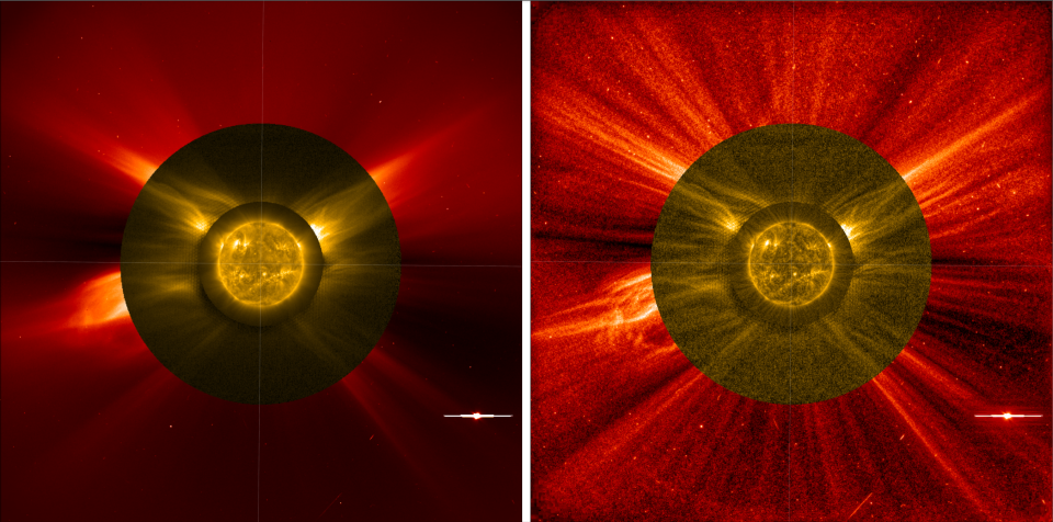 Links seht ihr das Originalbild der Sonne mit ihrer Korona, rechts ist das Bild, das mit einem Filter verbessert wurde. - Copyright: ESA & NASA/Solar Orbiter/EUI Team; F. Auchère et al (2023); Solar disc: NASA/STEREO