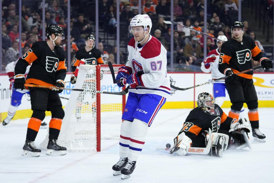 Montreal Canadiens' Chris Tierney (67) celebrates after scoring a goal during the first period of an NHL hockey game against the Philadelphia Flyers, Friday, Feb. 24, 2023, in Philadelphia. (AP Photo/Matt Slocum)