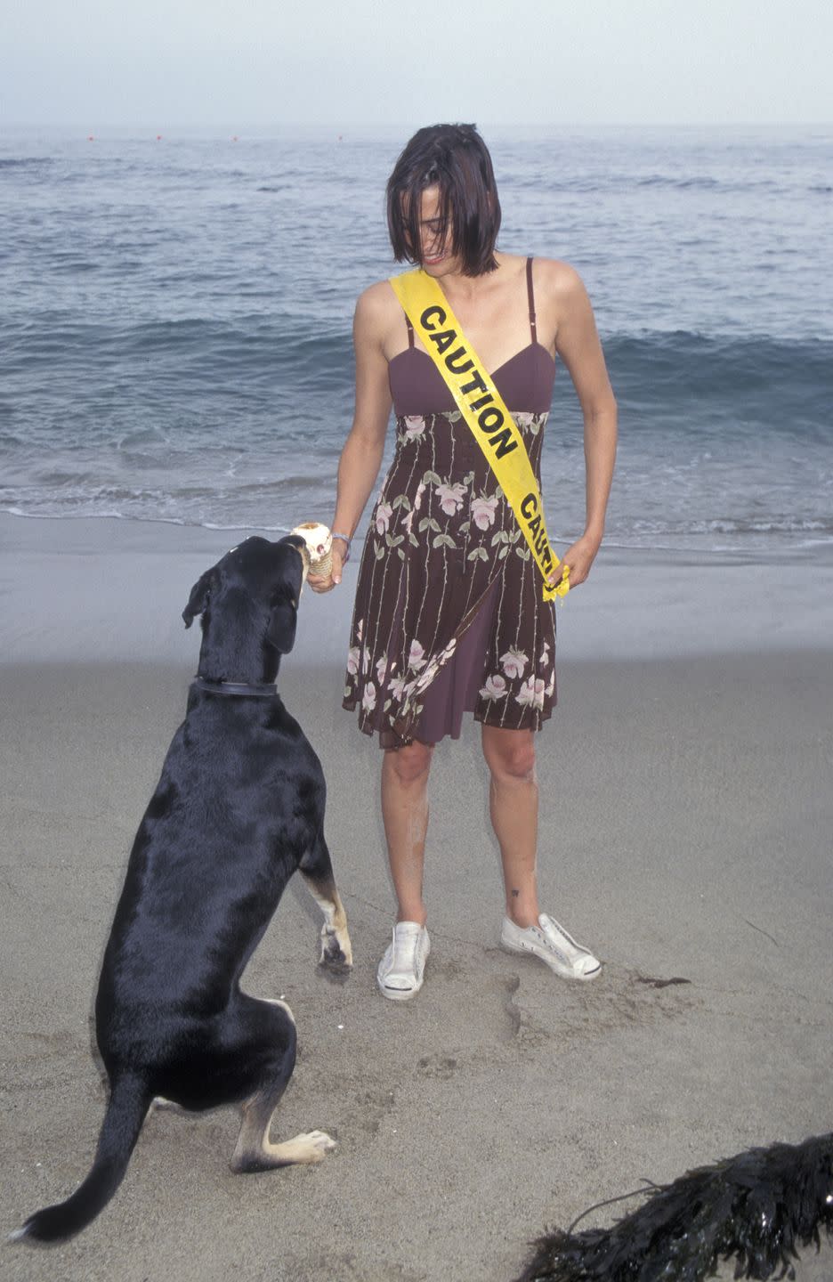 <p>Several pets were in attendance at the event, including Alicia Silverstone's pup, Sampson, but it's unclear whose dog Jennifer Rubin is feeding ice cream to here. Also unclear: where she got that caution tape sash. </p>