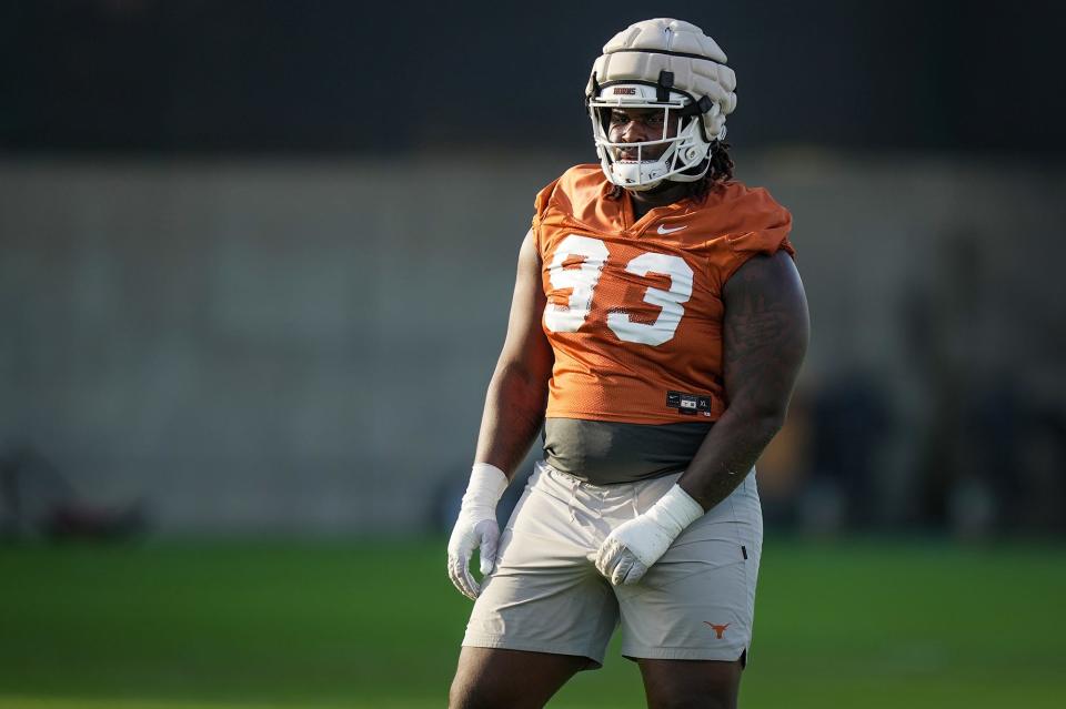 Texas Longhorns Defensive Linebacker L T’Vondre Sweat preforms drills during Texas Longhorns football spring practice at the Frank Denius practice fields in Austin Wednesday, March 8, 2023.