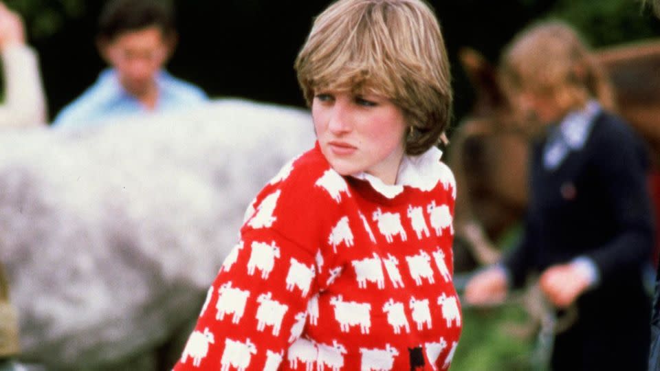 Princess Diana pictured in 1981 wearing her original Warm & Wonderful sheep sweater, which will be auctioned at Sotheby's New York later this year. - Tim Graham Photo Library/Getty Images