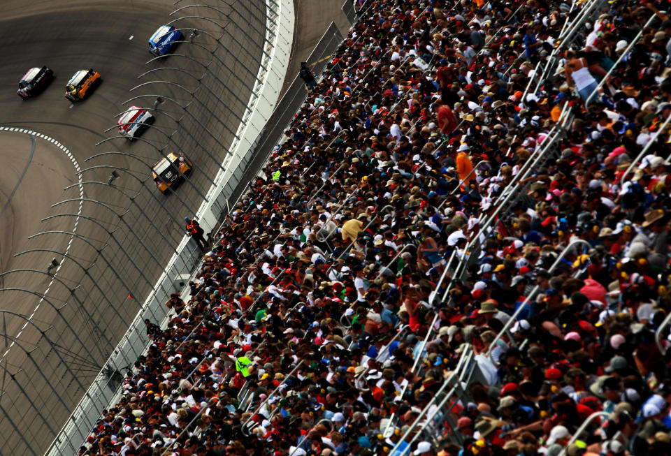 LAS VEGAS, NV - MARCH 11: Denny Hamlin, driver of the #11 FedEx Freight Toyota, leads a group of cars during the NASCAR Sprint Cup Series Kobalt Tools 400 at Las Vegas Motor Speedway on March 11, 2012 in Las Vegas, Nevada. (Photo by Ronald Martinez/Getty Images for NASCAR)