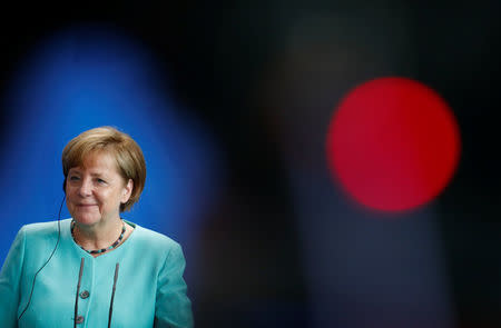 German Chancellor Angela Merkel attends a news conference at the Chancellery in Berlin, Germany, July 5, 2017. REUTERS/Fabrizio Bensch