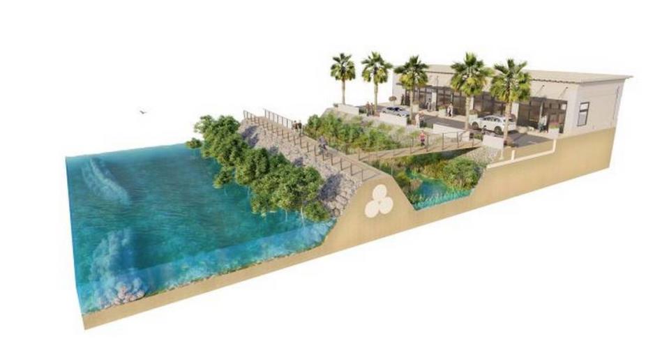 This rendering shows a potential hybrid strategy for protecting coastal Miami-Dade from storm surge, tall sea walls combined with an earthen berm and oyster reefs along the coast.