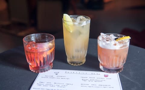 (L-R) A 'Nuclear Negroni', 'Combover' and 'Trump Tower Whiskey Sour' - Credit: Paul Grover for the Telegraph