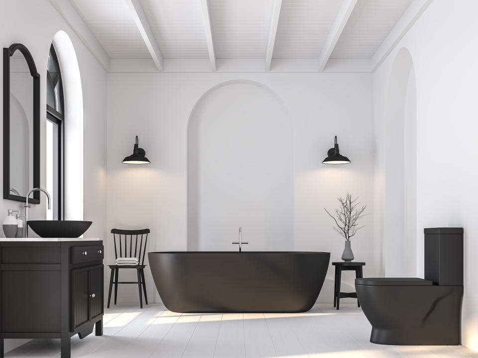 Minimal bathroom with black and white 3d render.There are white wooden floor.Furnished with black sanitary ware and furniture.