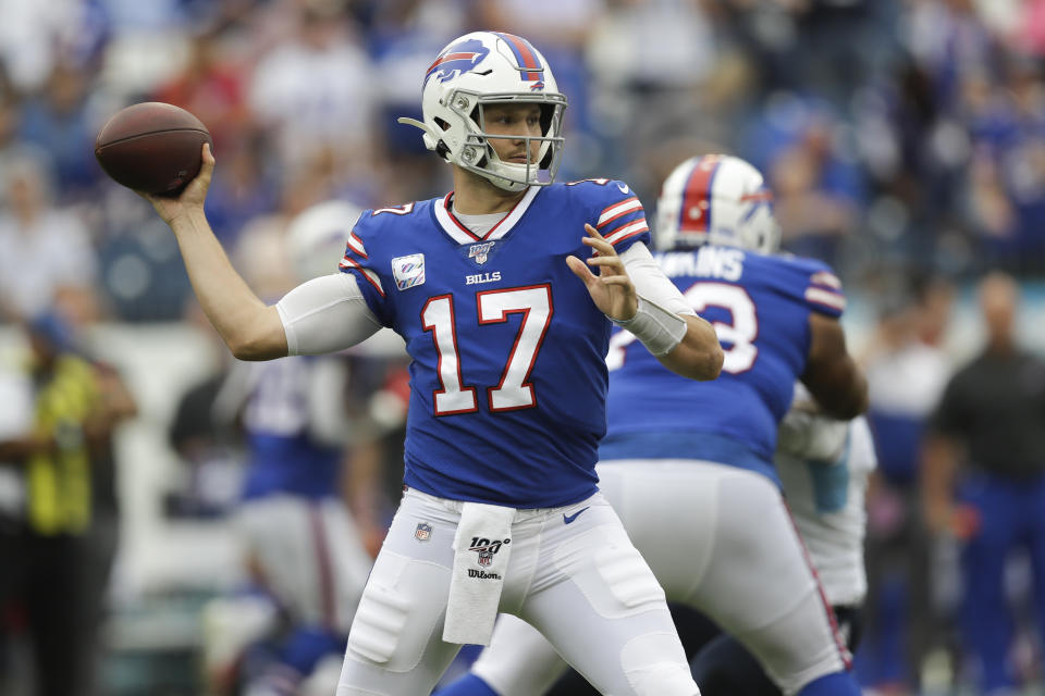 Buffalo Bills quarterback Josh Allen passes against the Tennessee Titans in the first half of an NFL football game Sunday, Oct. 6, 2019, in Nashville, Tenn. (AP Photo/James Kenney)