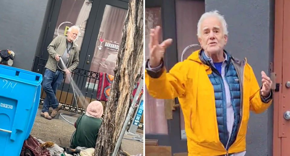 A photo of an owner of a San Fransisco Art Gallery hosing down a homeless woman outside near his business. Another photo of the man being confronted.