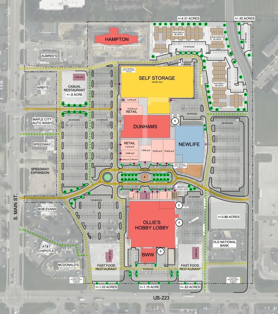 This rendering shows one of two proposed site plans for the Adrian Mall, which were presented last week to the Adrian Planning Commission by the Adrian Development Group, along with mall ownership. The proposal includes multifamily residential housing anchor business tenants, retail and dining options, a church and self-storage.